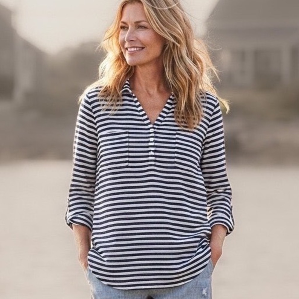 Chico's Linen Striped Henley Top Size 3/US Women's XL Nautical Navy Blue White